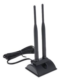 Un amplificador de señal Wi-Fi de doble antena con cable adjunto y soporte base.