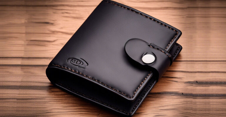 Cartera de cuero negro cerrada con cierre de botón a presión sobre una superficie de madera.