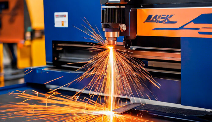corte-por-laser Se utiliza una máquina de corte por láser industrial azul que emite chispas brillantes mientras corta metal con precisión.