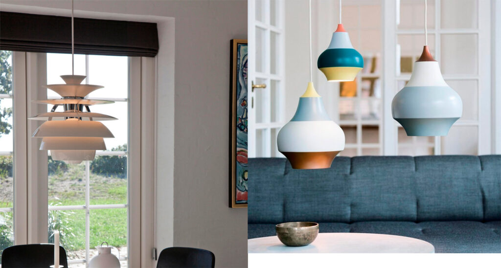Dos imágenes, una al lado de la otra, que muestran luces colgantes modernas. La imagen de la izquierda muestra una luz blanca de varias capas frente a una ventana. La imagen de la derecha muestra cuatro luces colgantes de colores sobre un sofá azul.