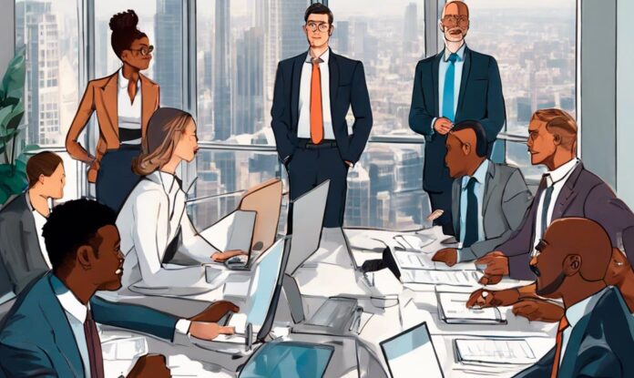 formacion-trabajadores Un grupo diverso de profesionales vestidos con trajes de negocios participan en una reunión en una oficina moderna con grandes ventanales con vistas al paisaje urbano. Algunos están sentados ante una mesa con ordenadores portátiles y documentos, mientras que otros están de pie.