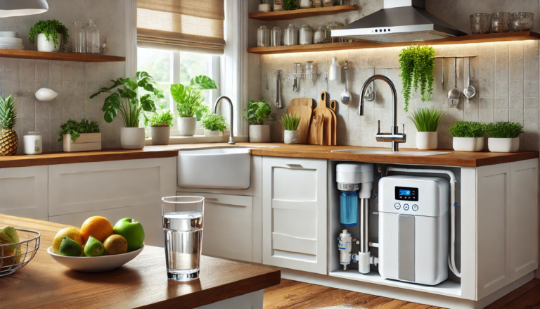 Una cocina moderna con gabinetes blancos, encimeras de madera, fregadero y sistema de filtración de agua debajo del fregadero. El mostrador está decorado con plantas en macetas y un frutero. Hay un vaso de agua sobre la mesa.