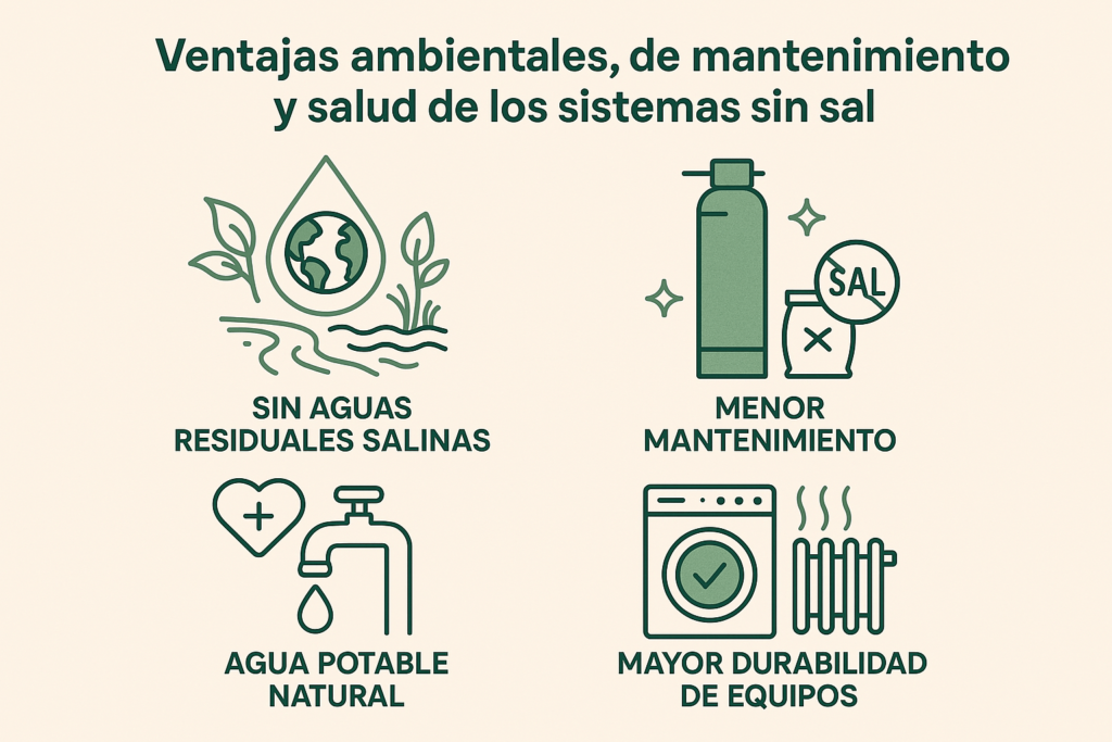 Infografía que muestra los beneficios ambientales del descalcificador sin sal