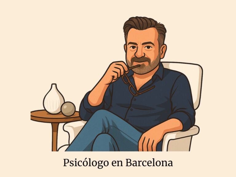 Ilustración de un hombre sentado en una silla, con vasos en la mano y una mesita a su lado. El texto dice: «Psicólogo en Barcelona».