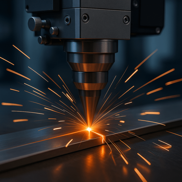 Un primer plano de una máquina de soldadura láser que emite chispas mientras corta una lámina de metal en un entorno industrial.
