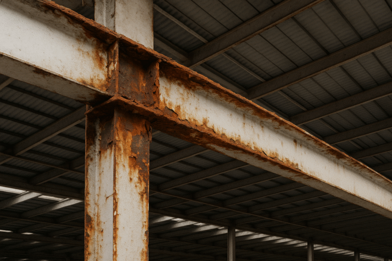 Una viga de acero en el interior de un edificio industrial está muy corroída por el óxido, apoyada en un techo de paneles metálicos.