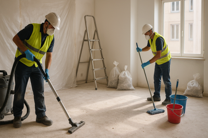 limpieza final de obra_sendpyme Dos trabajadores de la construcción con equipo de seguridad limpian una habitación polvorienta con una aspiradora y una fregona. Al fondo se ven bolsas de plástico con escombros y una escalera.